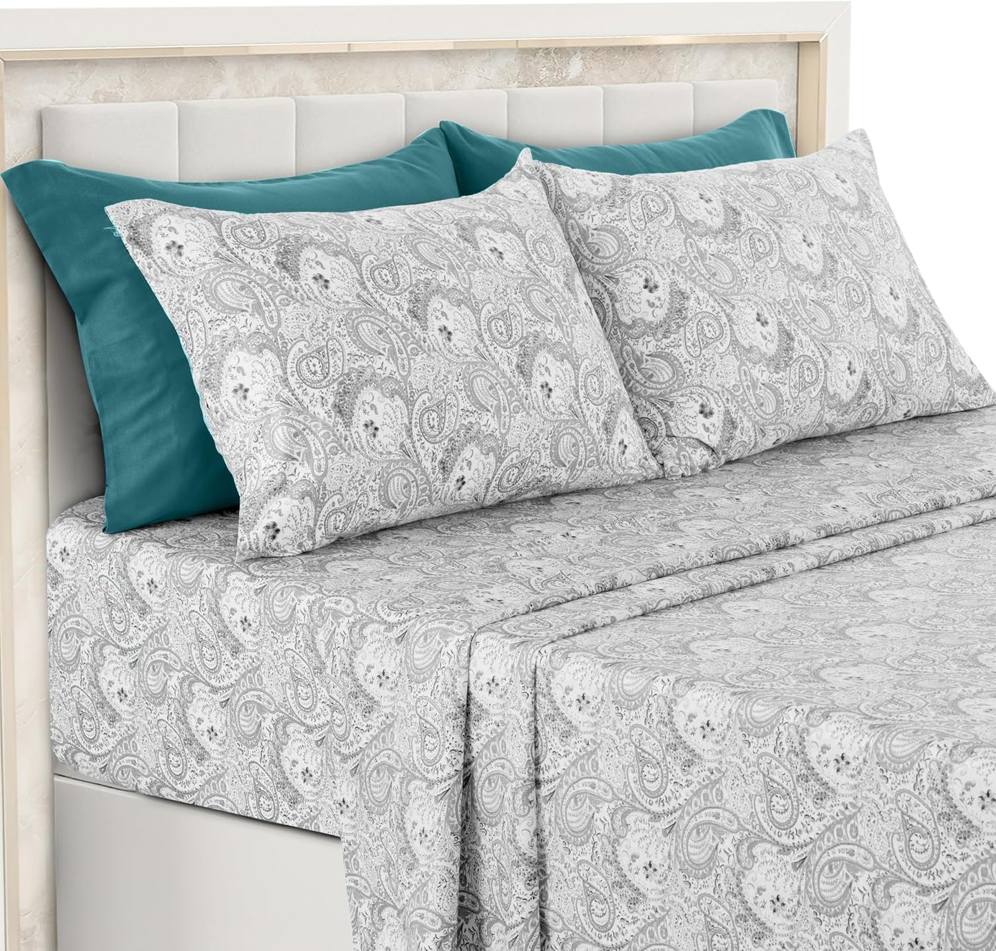 LUX Décor Paisley Queen Sheet Set – 6 Piece Ultra-Soft Microfiber Bed Sheets with Flat Sheet, 16 Inches Deep Pocket Fitted Sheet & 4 Pillowcases, Breathable, Bedroom Decor, Oeko-Tex – Navy Blue