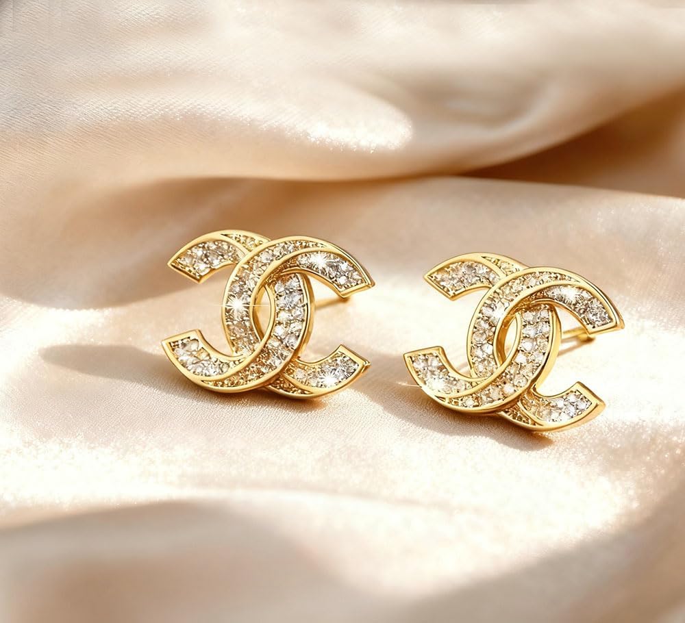 Gold Crystal Embellished Stud Earrings, Luxury Designer Style Statement Jewelry