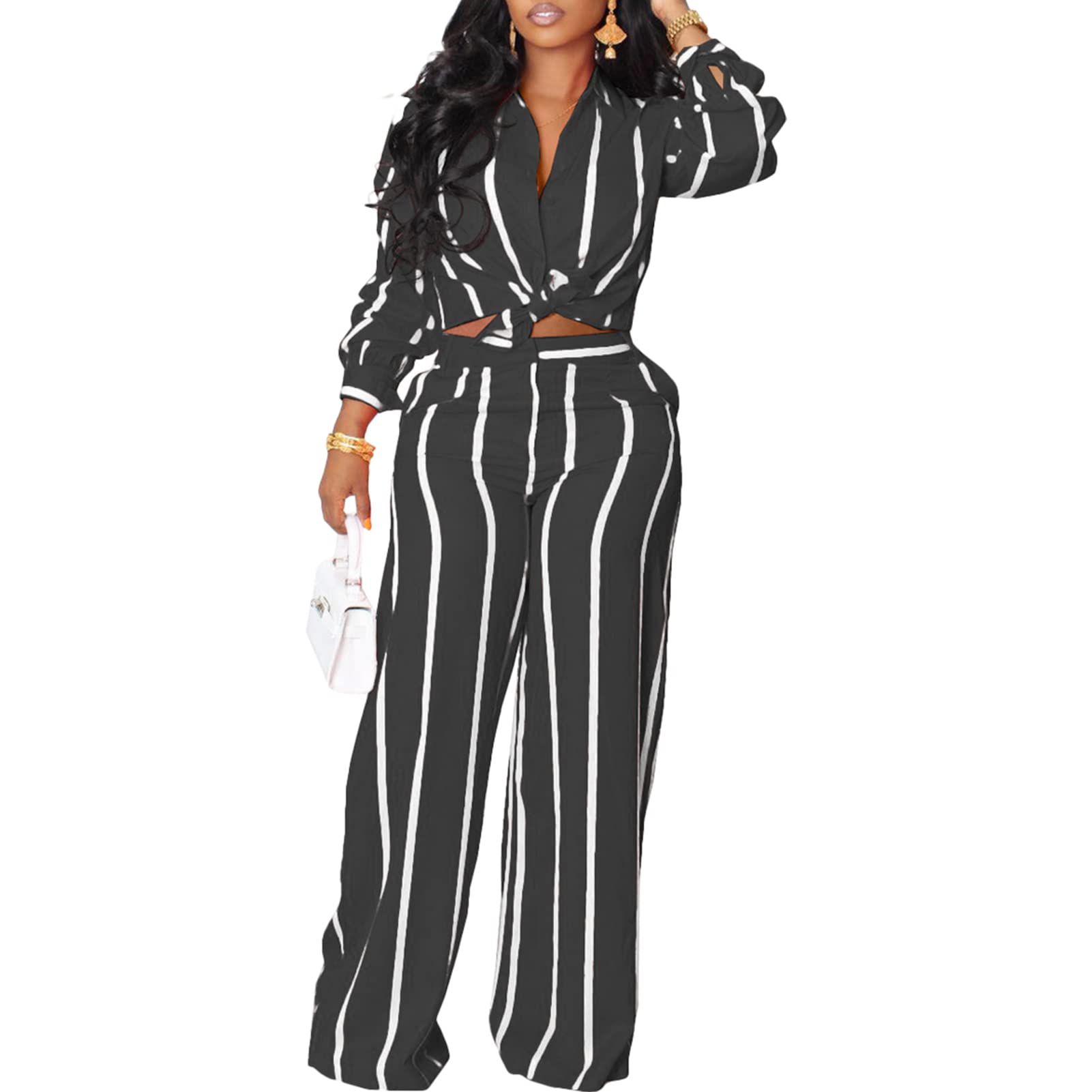 Elainone Women's 2 Piece Outfits Stripe Long Sleeve Button Down Shirt Wide Leg Long Pants with Pockets