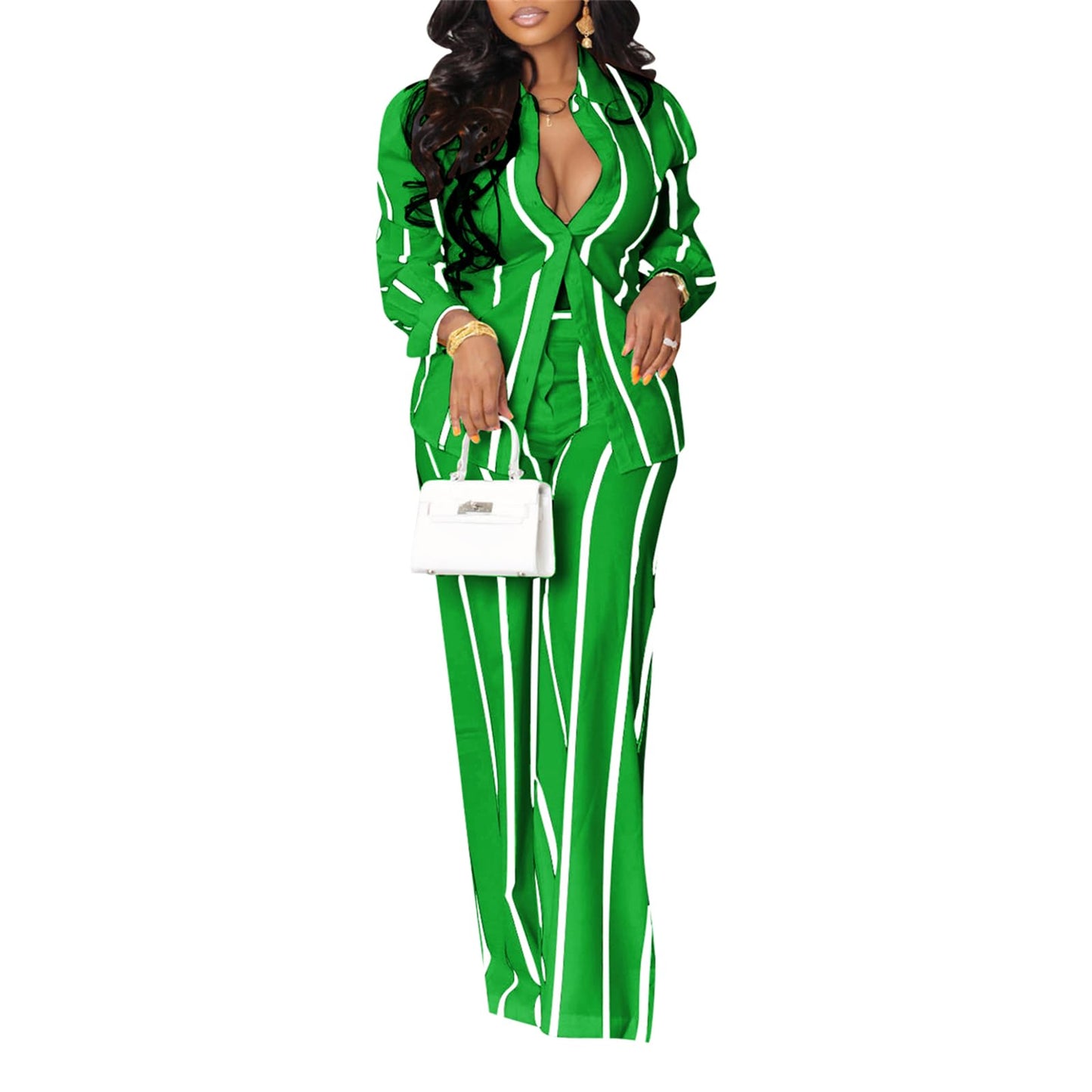 Elainone Women's 2 Piece Outfits Stripe Long Sleeve Button Down Shirt Wide Leg Long Pants with Pockets