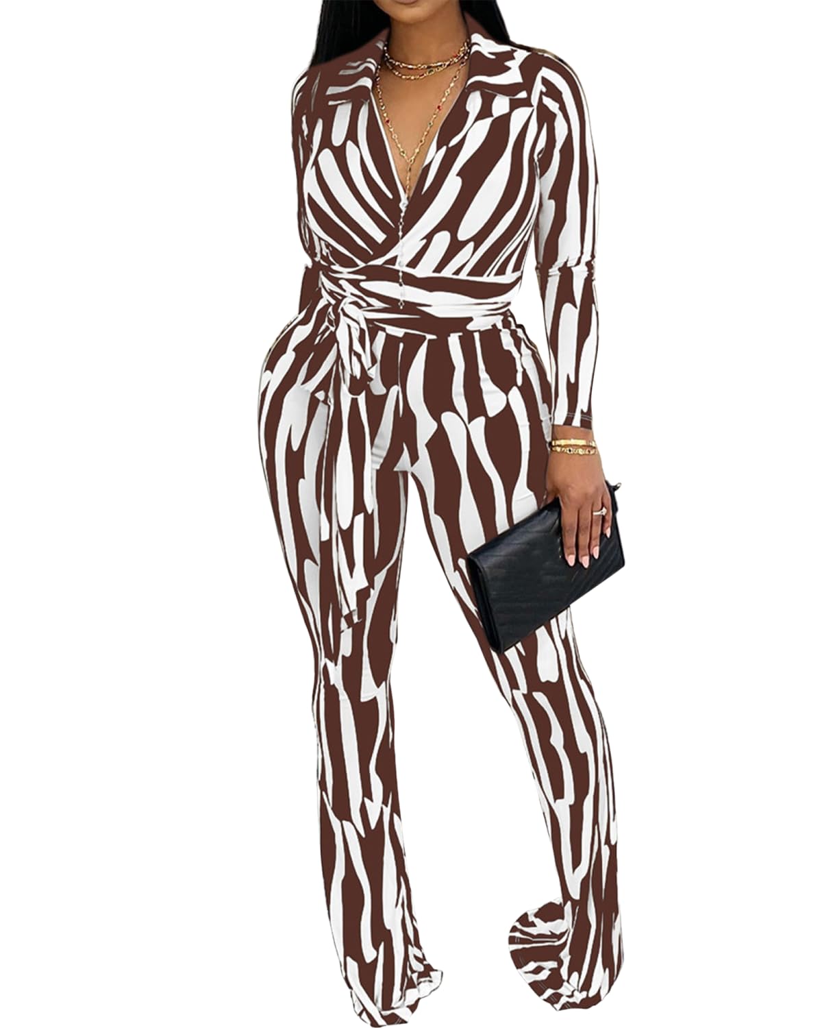 Ophestin Women 2 Piece Outfits V Neck Striped Print Long Sleeve Wrap Top Bodycon Flare Leggings Set Tracksuits Jumpsuit