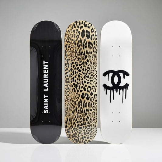 BDTrims 3 Pack Designer-Influenced Pop Art Skateboard Deck Set, Black White and Leopard Print, Premium 7-Ply Maple, Wall Decor, Customization Available