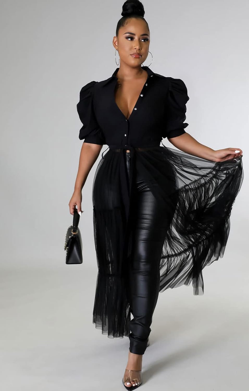 Ekaliy Women Sexy Short Sleeve Bodycon High Low Asymmetrical Ruffle Tunics Blouse Shirt Top Dress