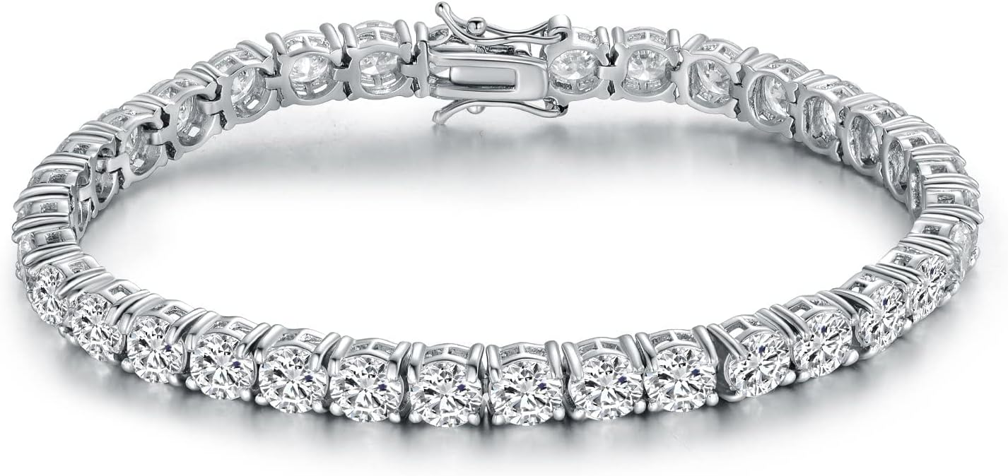 Gemsme Silver Moissanite Tennis Bracelet,18K White Gold Plated 3mm Round Moissanite Tennis Bracelet 6.5-8.5 Inch