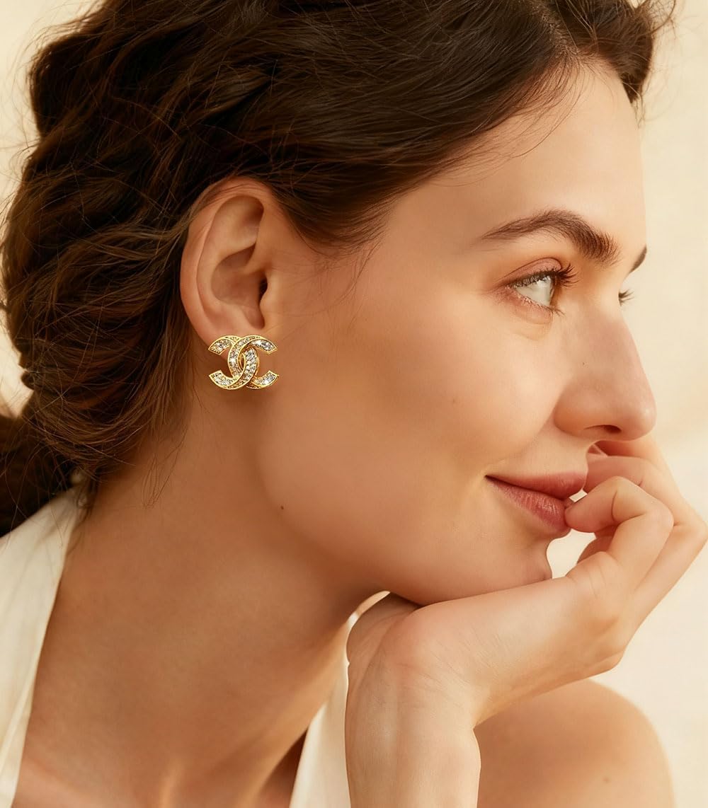 Gold Crystal Embellished Stud Earrings, Luxury Designer Style Statement Jewelry