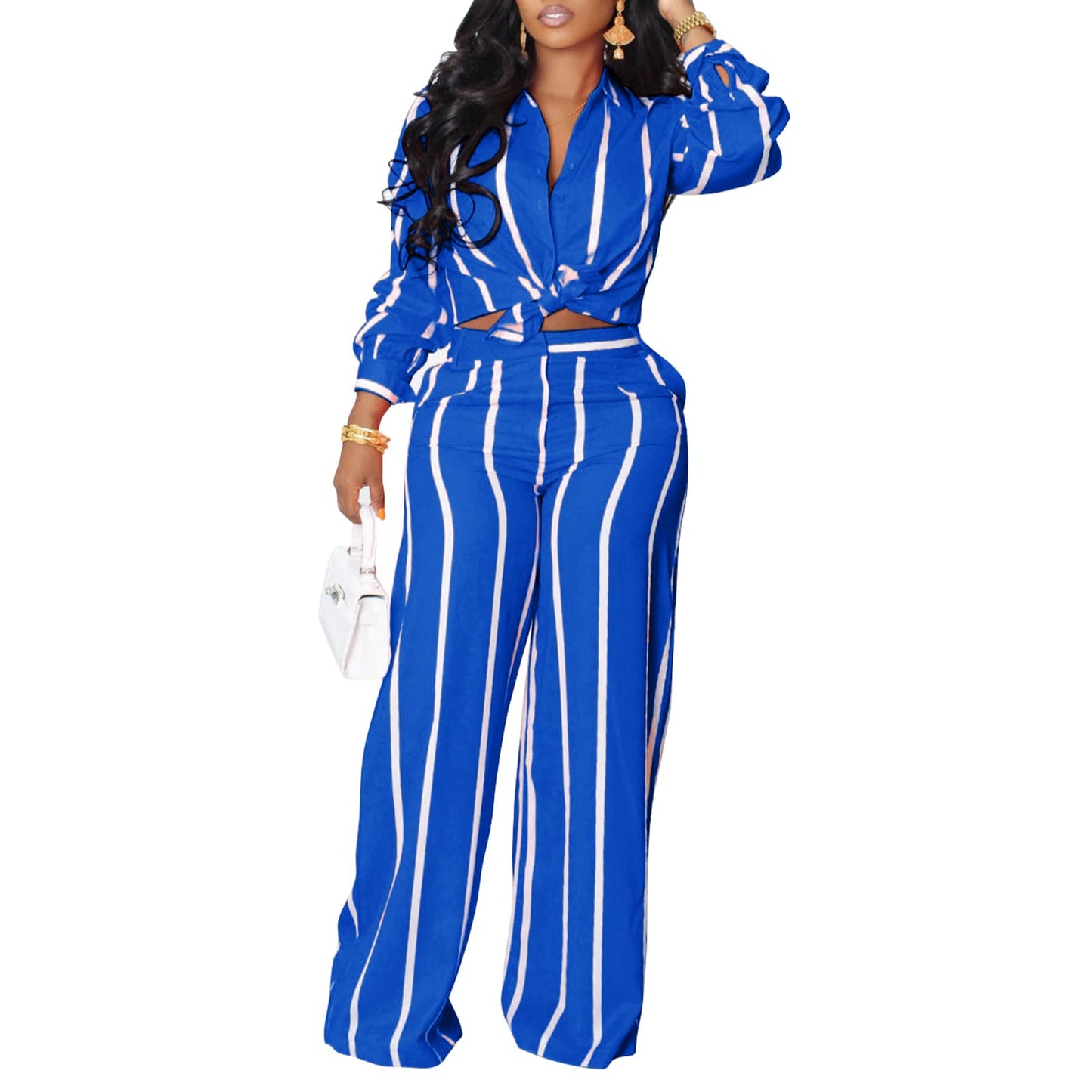 Elainone Women's 2 Piece Outfits Stripe Long Sleeve Button Down Shirt Wide Leg Long Pants with Pockets