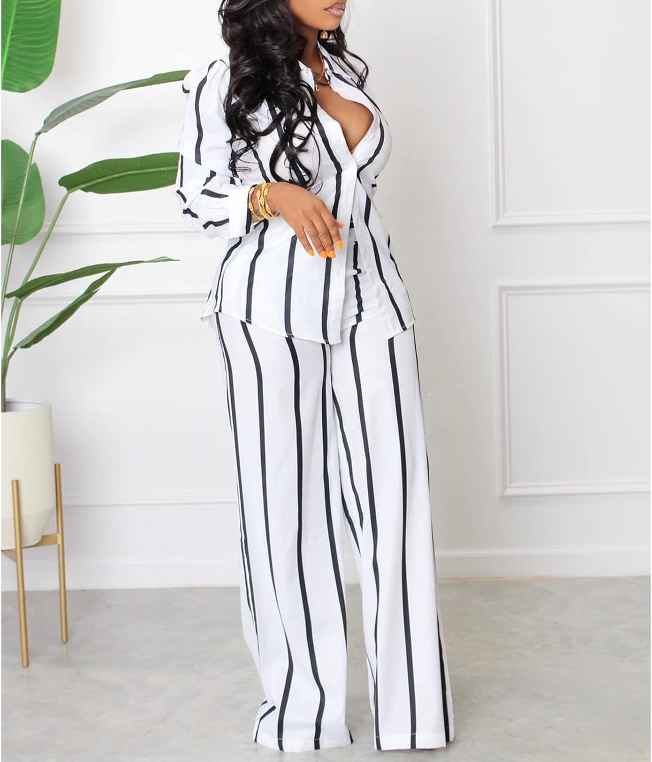 Elainone Women's 2 Piece Outfits Stripe Long Sleeve Button Down Shirt Wide Leg Long Pants with Pockets