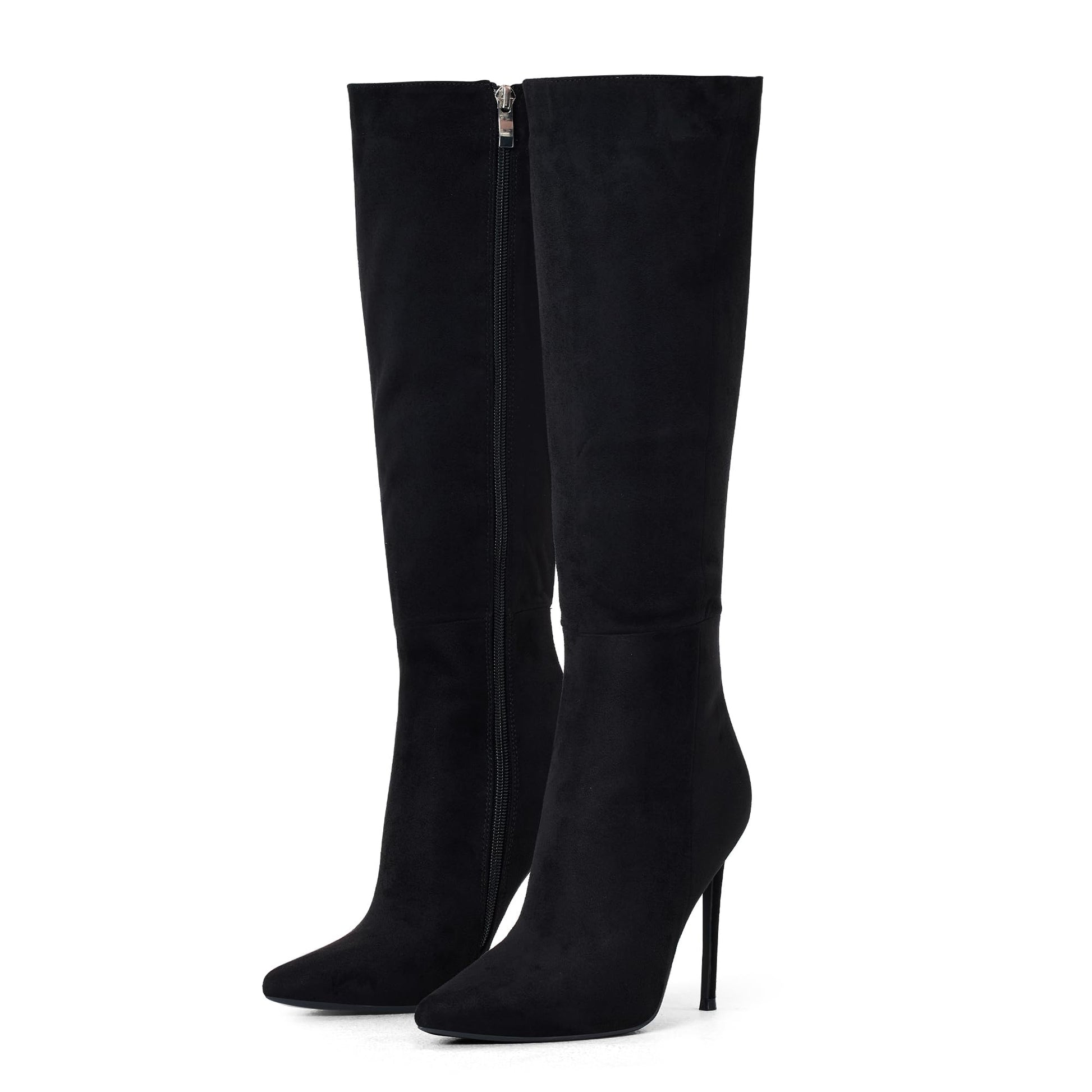 Elisabet Tang 4 inch Women's Knee High Long Boots, Stiletto Tall Pointed Toe Heeled Boot Leather Suede Comfortable Sexy