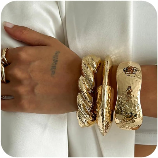 Boho Gold-Tone Cuff Bangle Bracelet Set for Women - Chunky Waterdrop Irregular Wide Stackable Minimalist Jewelry