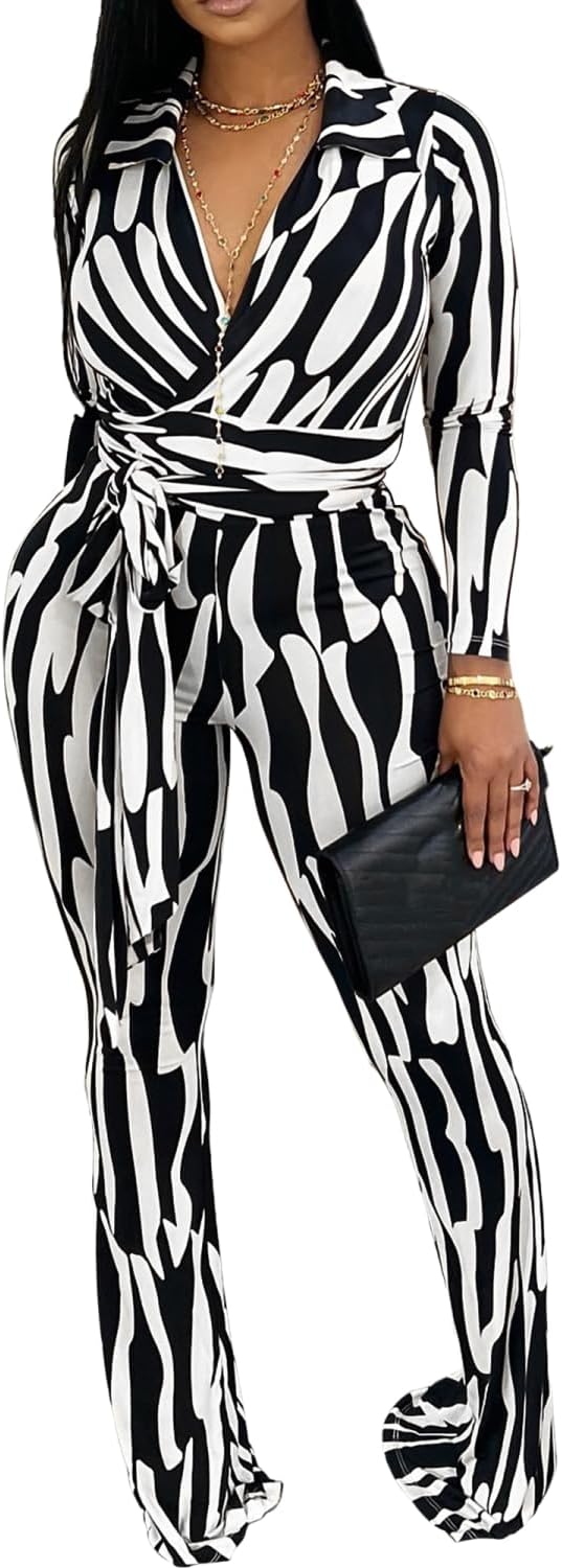 Ophestin Women 2 Piece Outfits V Neck Striped Print Long Sleeve Wrap Top Bodycon Flare Leggings Set Tracksuits Jumpsuit