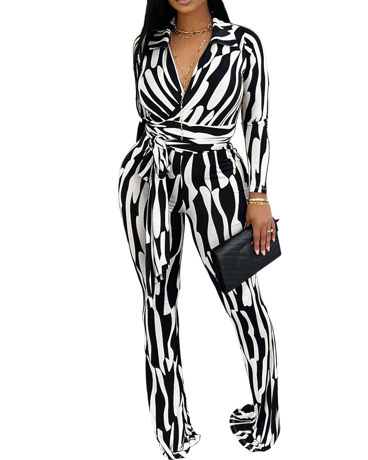 Ophestin Women 2 Piece Outfits V Neck Striped Print Long Sleeve Wrap Top Bodycon Flare Leggings Set Tracksuits Jumpsuit