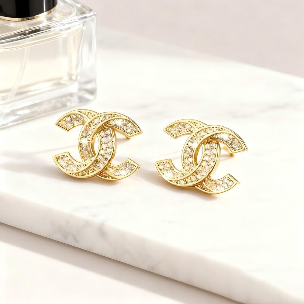 Gold Crystal Embellished Stud Earrings, Luxury Designer Style Statement Jewelry