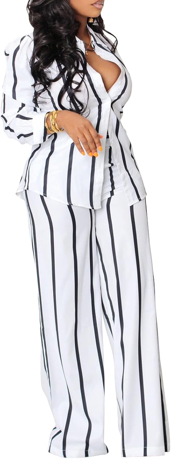 Elainone Women's 2 Piece Outfits Stripe Long Sleeve Button Down Shirt Wide Leg Long Pants with Pockets