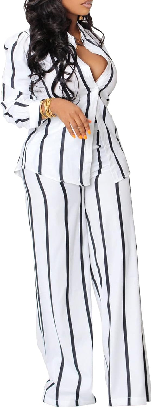 Elainone Women's 2 Piece Outfits Stripe Long Sleeve Button Down Shirt Wide Leg Long Pants with Pockets