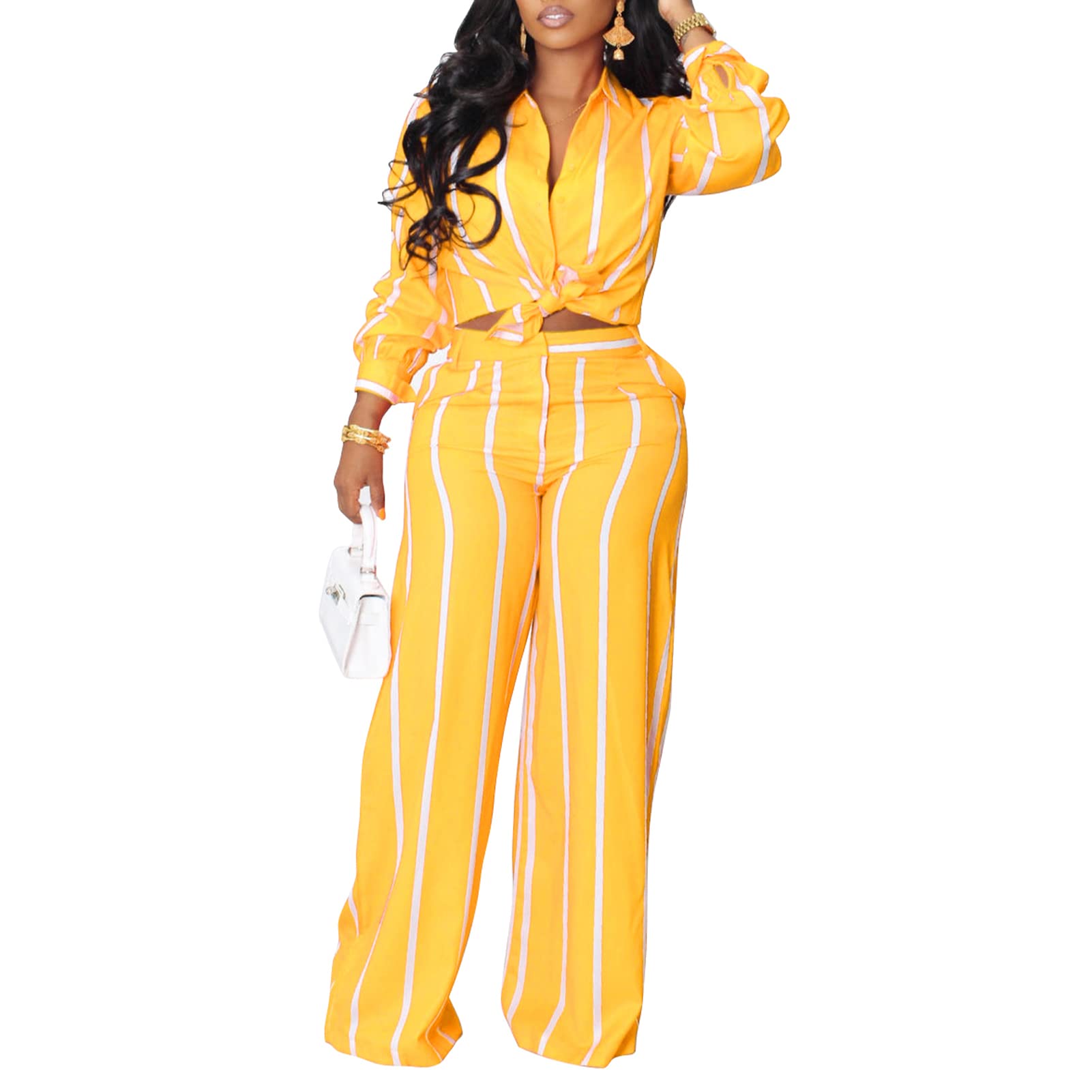 Elainone Women's 2 Piece Outfits Stripe Long Sleeve Button Down Shirt Wide Leg Long Pants with Pockets