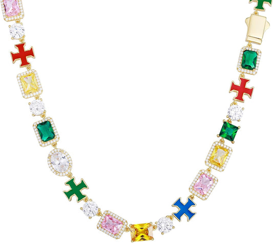 925 Sterling Silver Colorful Gemstone Necklace For Men Women, 8MM, 16-24inches, Cubic Zirconia Tennis Chain, 18K Gold Plated Birthstone Necklace- Gifts For Birthday, Holidays, Anniversary, Christmas