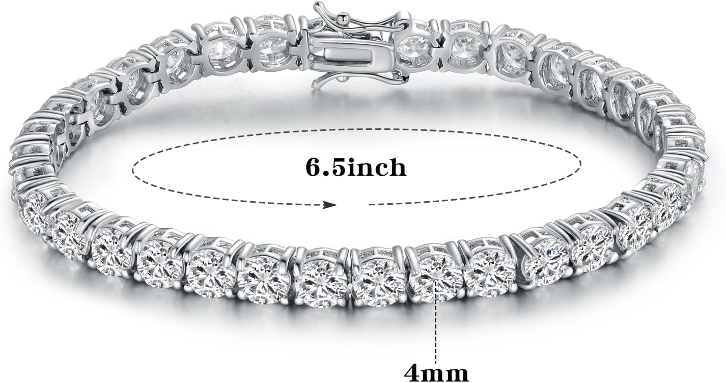 Gemsme Silver Moissanite Tennis Bracelet,18K White Gold Plated 3mm Round Moissanite Tennis Bracelet 6.5-8.5 Inch