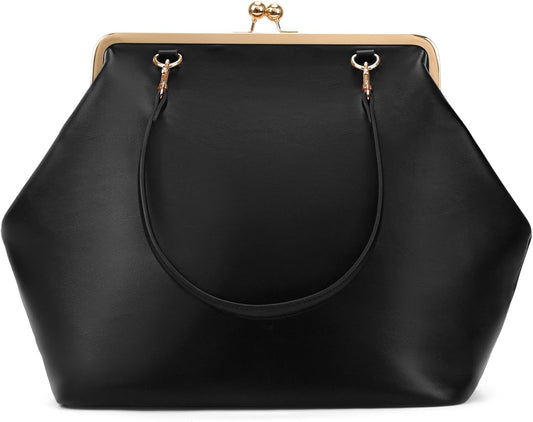 Large Women's Kiss Lock Bag PU Medium Top Handle Handbags Kiss Clasp Shoulder Bags Tote Purse Messenger Clutch