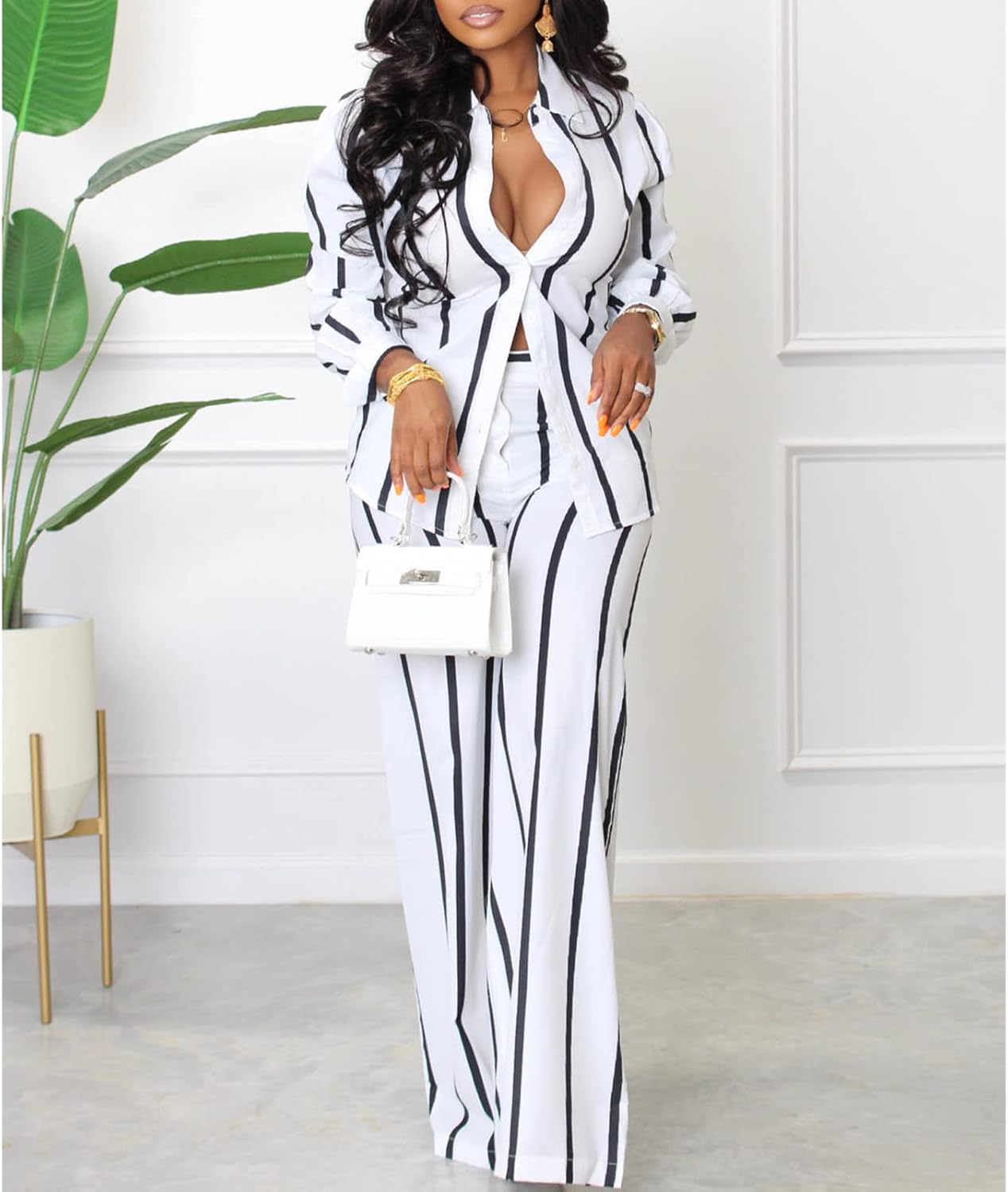 Elainone Women's 2 Piece Outfits Stripe Long Sleeve Button Down Shirt Wide Leg Long Pants with Pockets