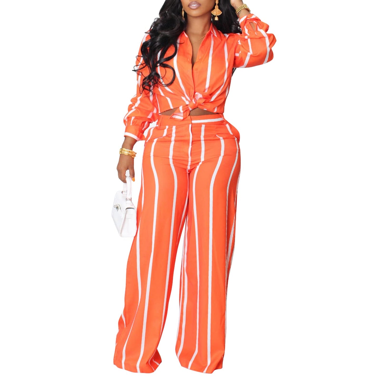 Elainone Women's 2 Piece Outfits Stripe Long Sleeve Button Down Shirt Wide Leg Long Pants with Pockets