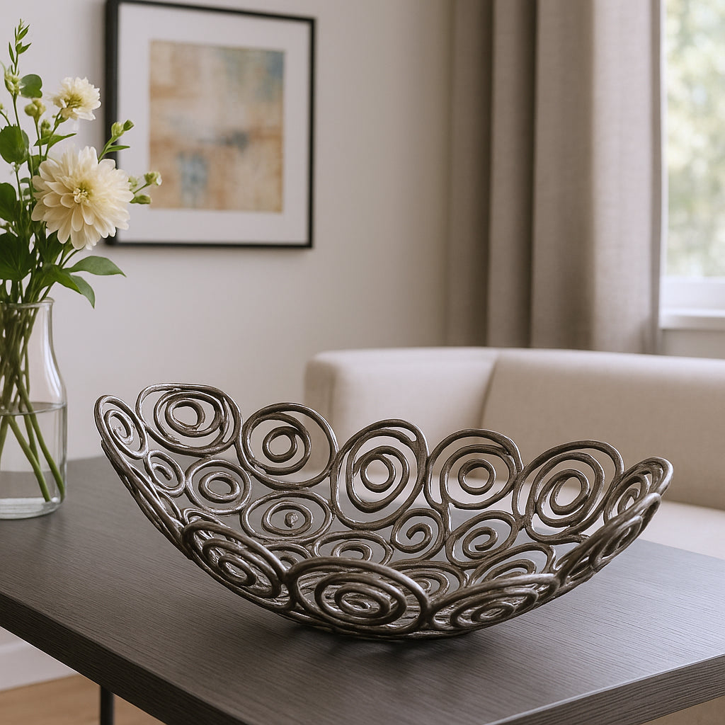 20" Silver Aluminum Abstract Circles Oval Decorative Bowl-0
