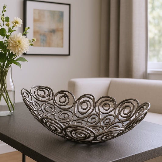 20" Silver Aluminum Abstract Circles Oval Decorative Bowl-0