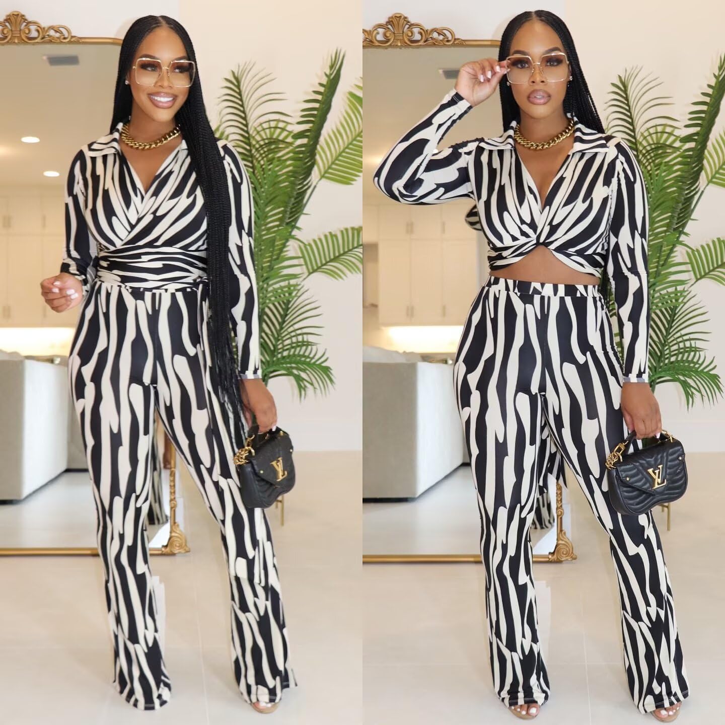 Ophestin Women 2 Piece Outfits V Neck Striped Print Long Sleeve Wrap Top Bodycon Flare Leggings Set Tracksuits Jumpsuit