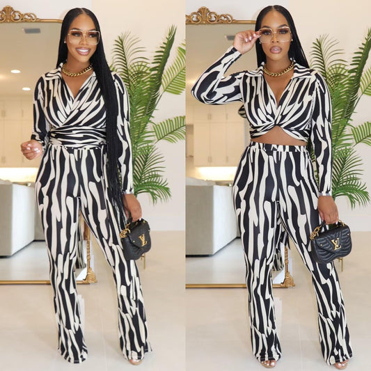 Ophestin Women 2 Piece Outfits V Neck Striped Print Long Sleeve Wrap Top Bodycon Flare Leggings Set Tracksuits Jumpsuit