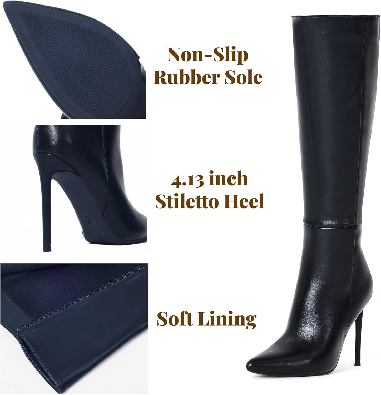 Elisabet Tang 4 inch Women's Knee High Long Boots, Stiletto Tall Pointed Toe Heeled Boot Leather Suede Comfortable Sexy
