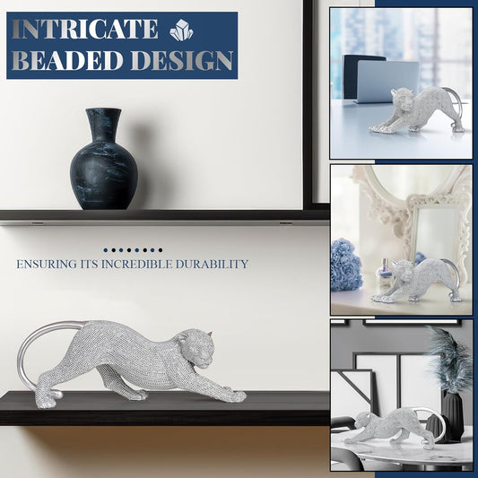 Silver Leopard Statue Sparkling Cheetah Resin Sculpture Prowling Leopard Medusa Statue Intricate Beaded Design for Living Room TV Stand Decorations Modern Home and Office Decor Gifts