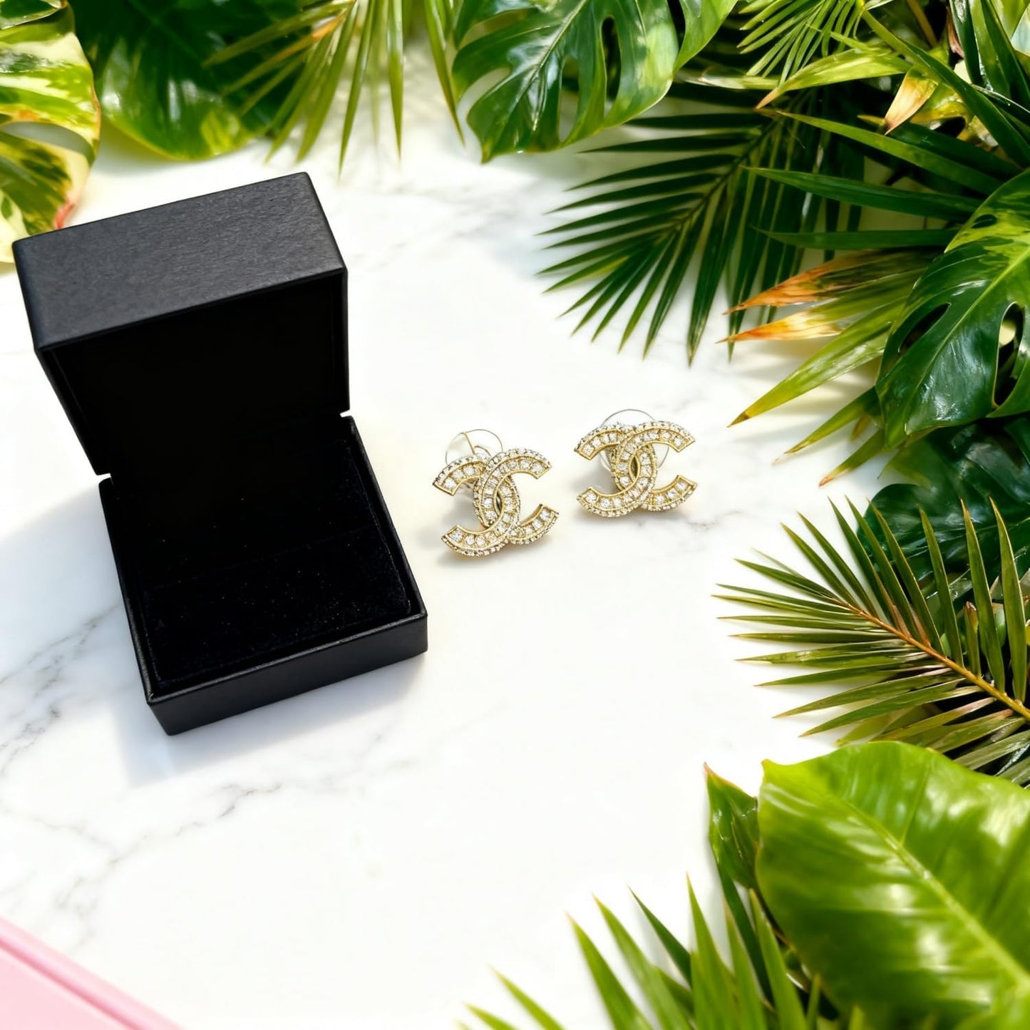 Gold Crystal Embellished Letters Logo Stud Earrings, Luxury Designer Style Rhinestone Jewelry