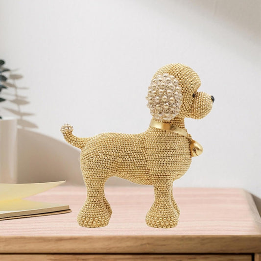 Beaded Dog Resin Statue,Animal Sculpture Gift Novelty Table Centerpiece Puppy Figurine Desk Figure for Bookshelf Housewarming, Golden