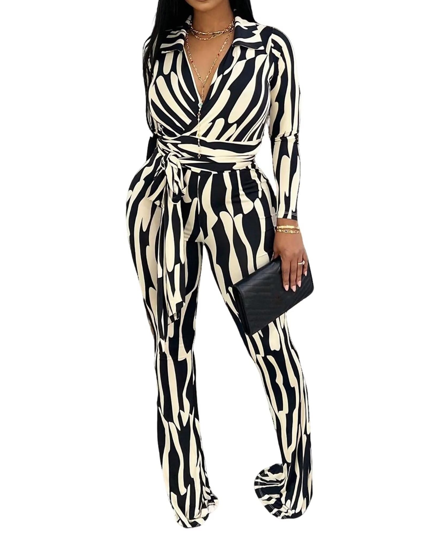 Ophestin Women 2 Piece Outfits V Neck Striped Print Long Sleeve Wrap Top Bodycon Flare Leggings Set Tracksuits Jumpsuit
