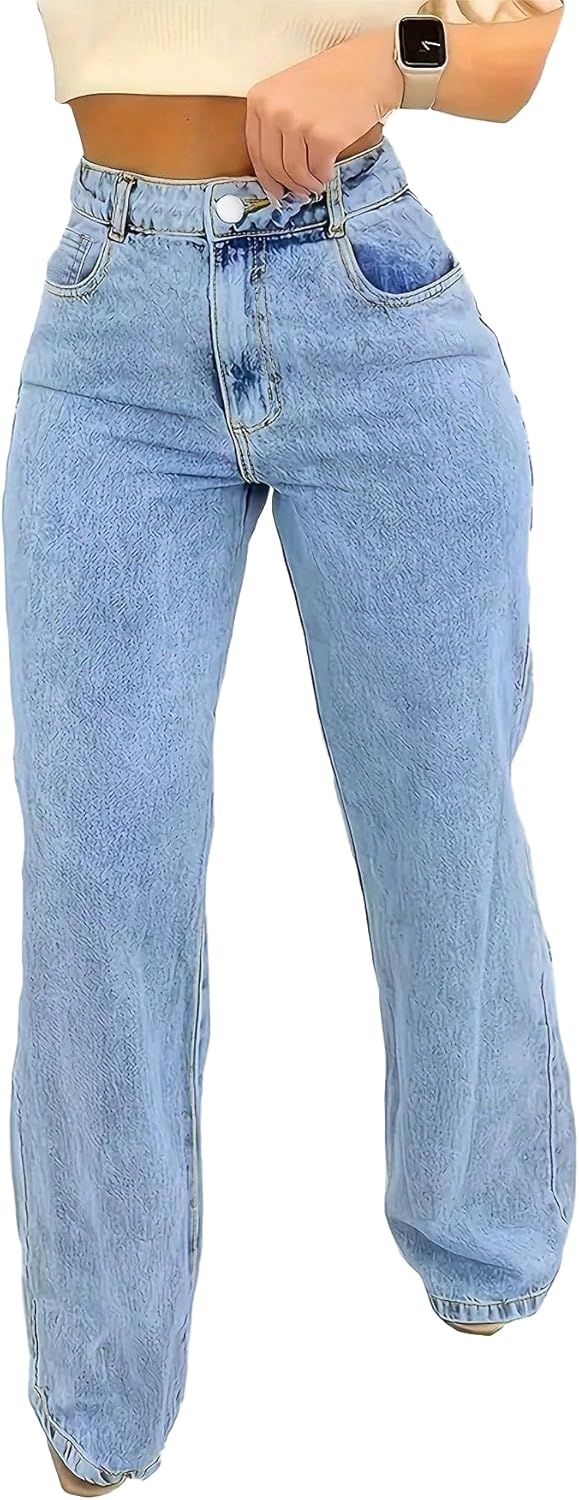 Jeans for Women Trendy Straight Wide Leg Denim Pants Vintage wash Boyfriend Casual Pockets Loose Jeans