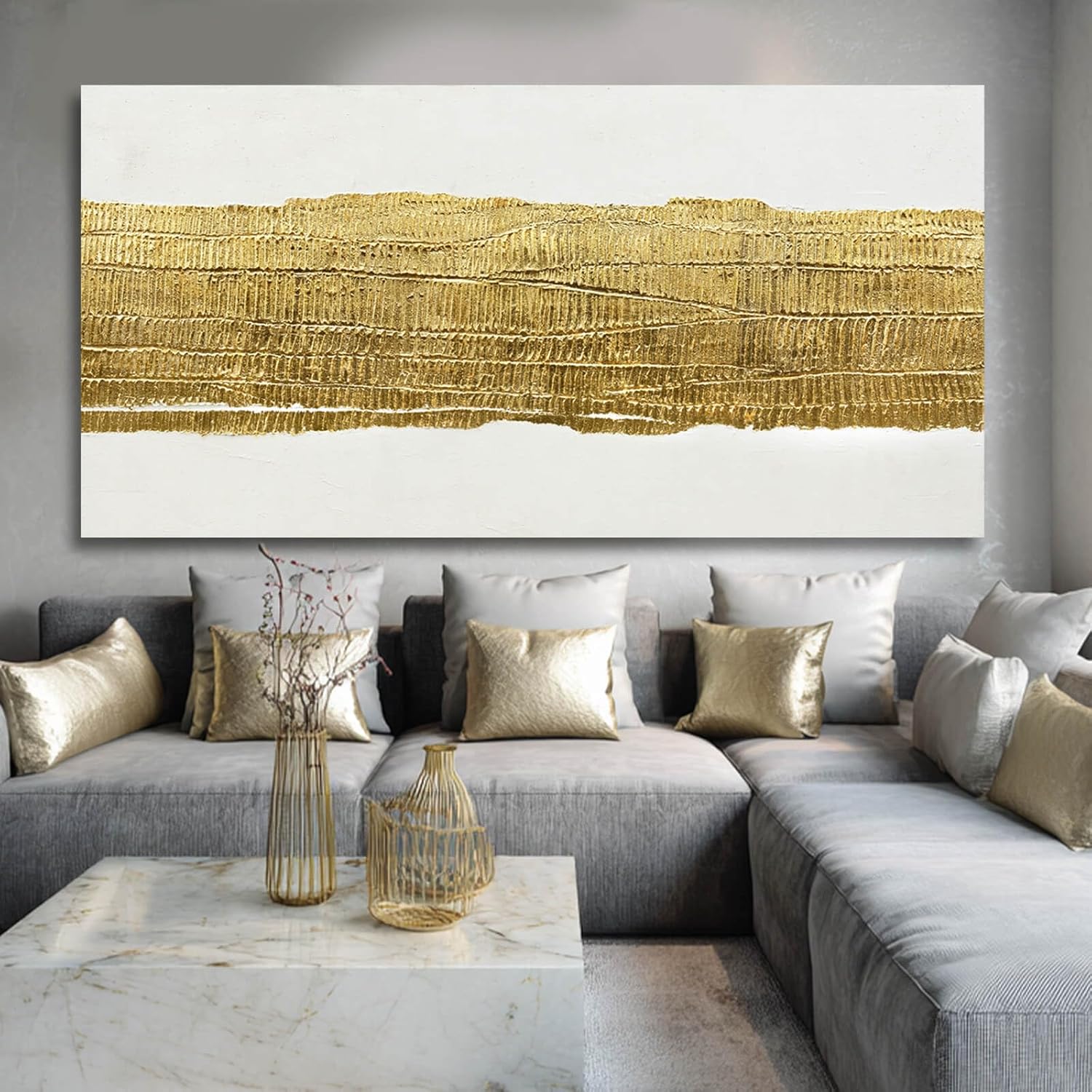 Kureful Abstract Wall Paintings Simple Canvas Wall Art Gold Wall Decor 29"x58" Large Pictures for Living Room Office Decorations