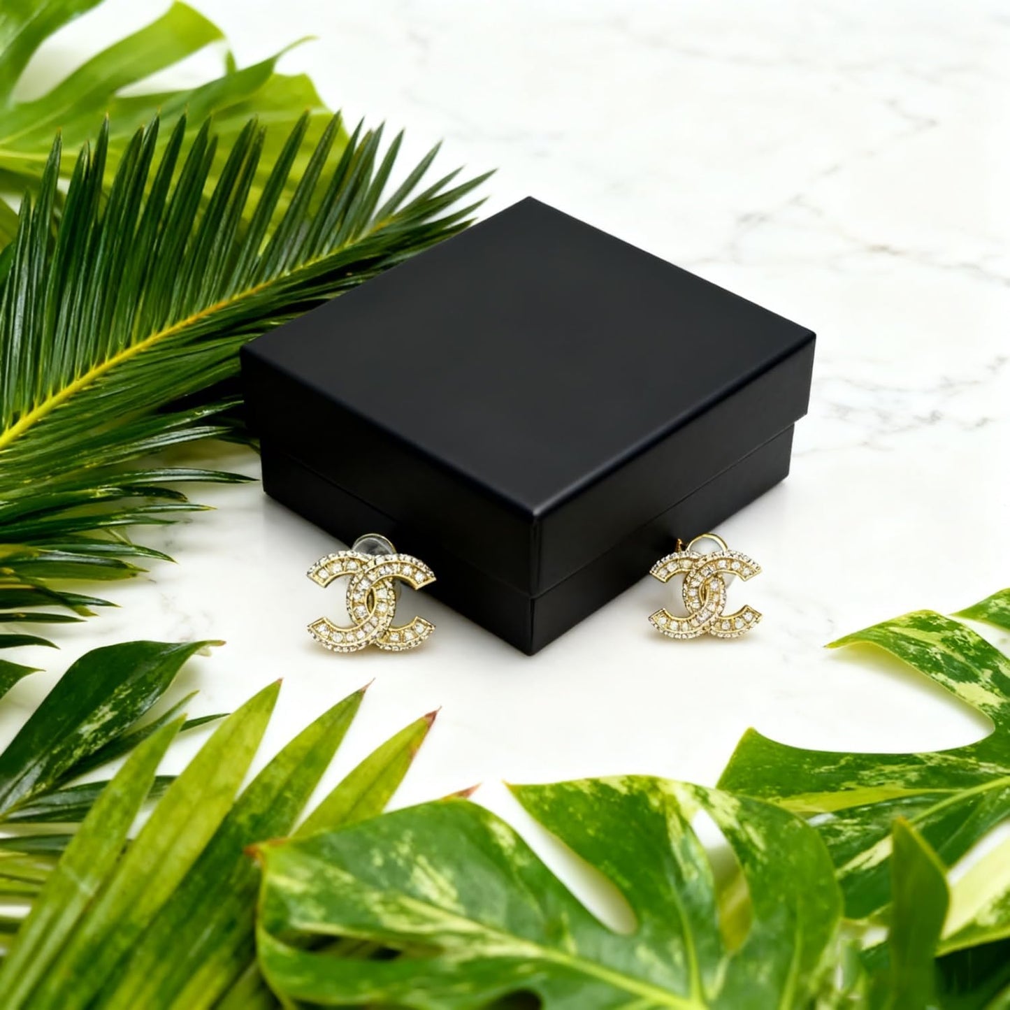 Gold Crystal Embellished Letters Logo Stud Earrings, Luxury Designer Style Rhinestone Jewelry