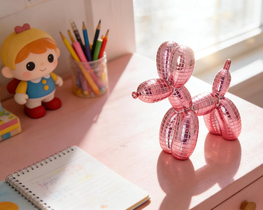 Disco Pink Dog Statue Decor 5 inch, Disc Jockey Gifts, Pink Balloon Dog Statue Decoration Fun Paperweight