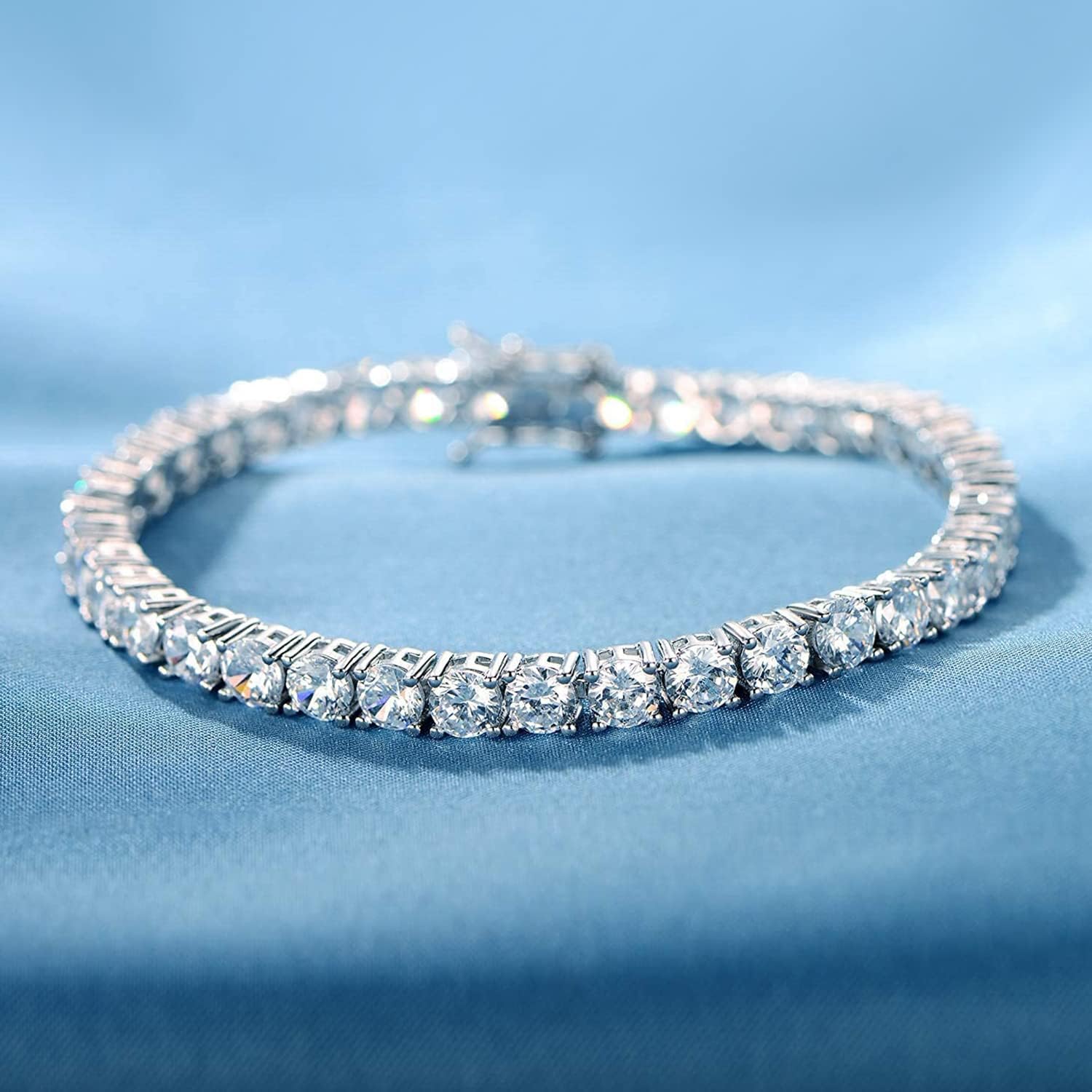 Gemsme Silver Moissanite Tennis Bracelet,18K White Gold Plated 3mm Round Moissanite Tennis Bracelet 6.5-8.5 Inch