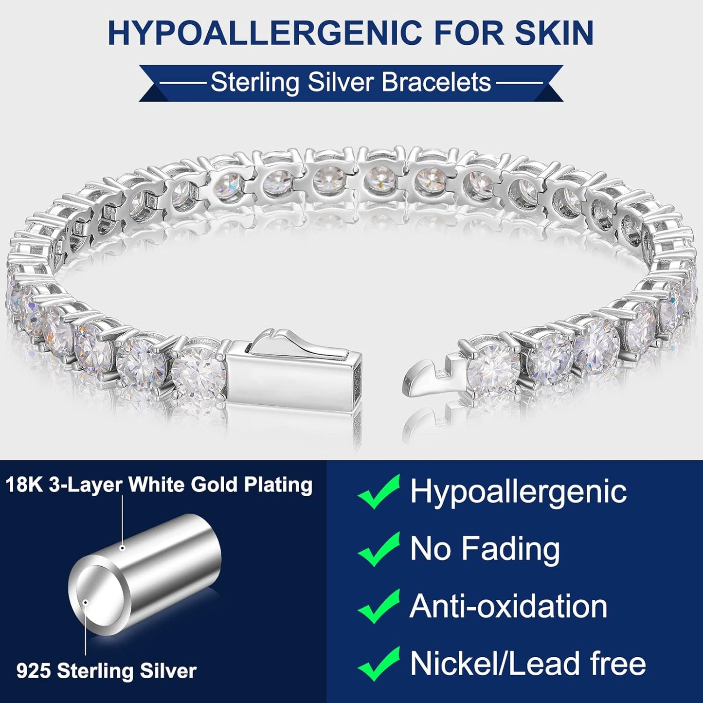 TUHE Moissanite Tennis Bracelet for Women Men 1.92-2.52Carats Moissanite Bracelet 18K White/Yellow Gold Plated 925 Sterling Silver Bracelets 2MM D Color VVS1 Round Brilliant Cut Bracelets 6.5-8.5Inch