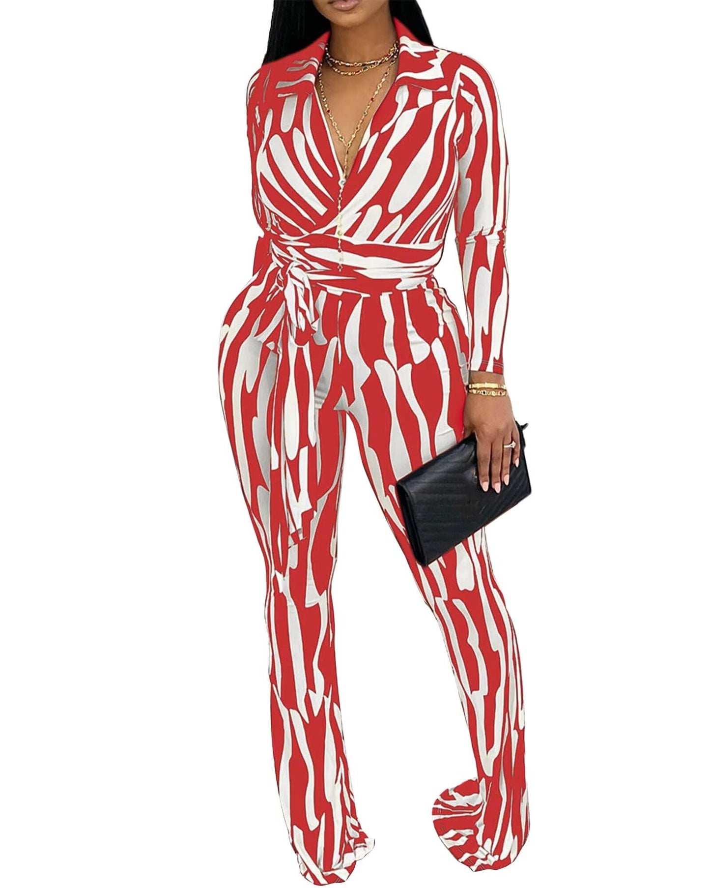 Ophestin Women 2 Piece Outfits V Neck Striped Print Long Sleeve Wrap Top Bodycon Flare Leggings Set Tracksuits Jumpsuit