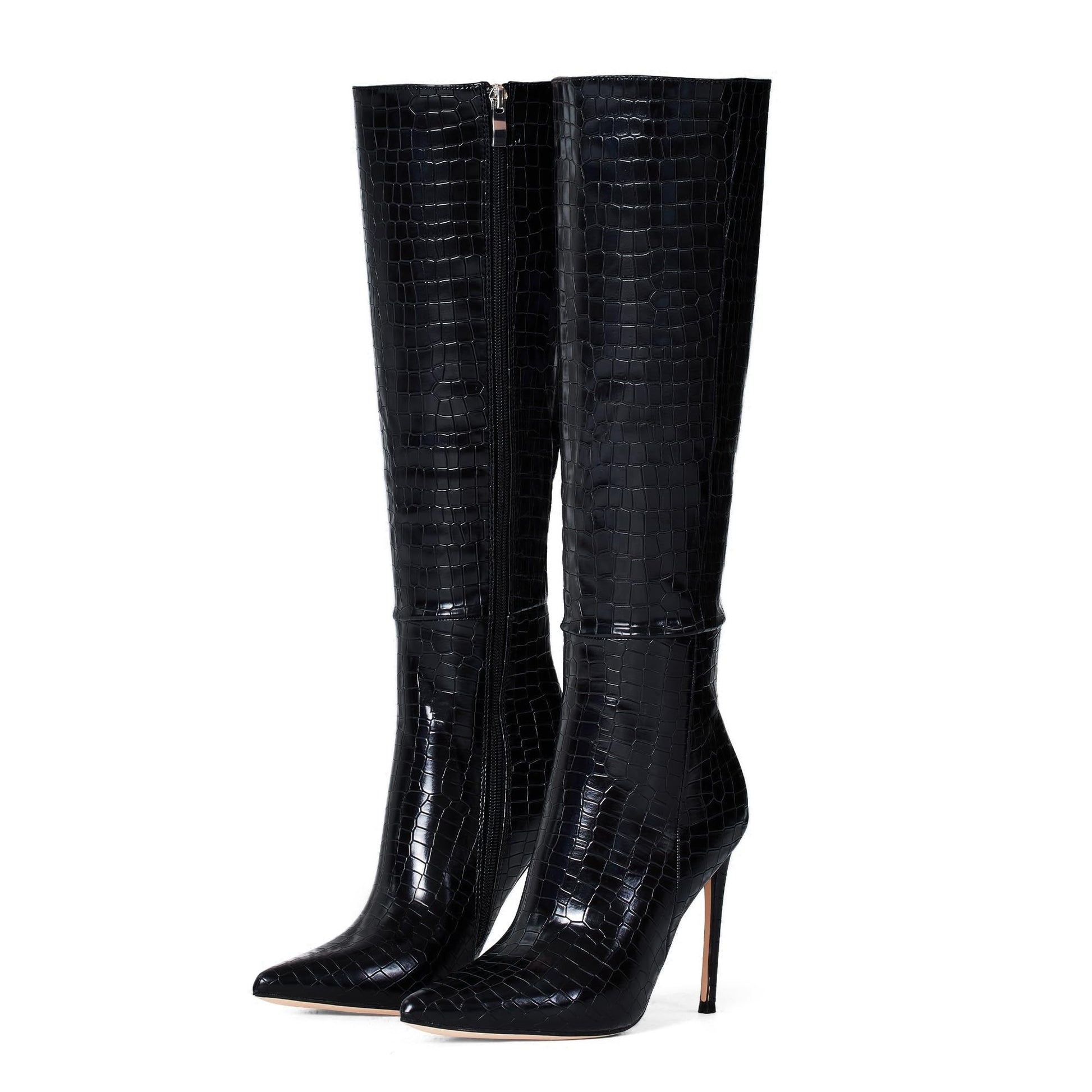 Elisabet Tang 4 inch Women's Knee High Long Boots, Stiletto Tall Pointed Toe Heeled Boot Leather Suede Comfortable Sexy