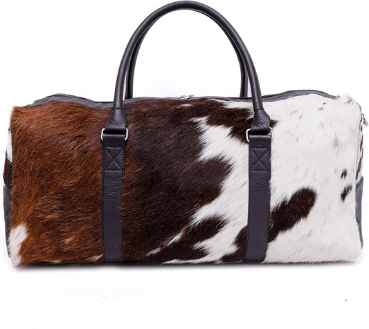 Luxurious Cowhide Duffel Bag for Men's and Women's - Large Size Unisex Travel Duffle Bag, Unique Leather Gym Bag Weekender Overnight Premium Quality Cow Hair on Duffle (White)