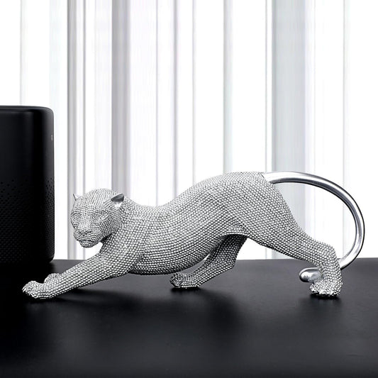 Silver Leopard Statue Sparkling Cheetah Resin Sculpture Prowling Leopard Medusa Statue Intricate Beaded Design for Living Room TV Stand Decorations Modern Home and Office Decor Gifts