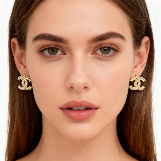 Gold Crystal Embellished Letters Logo Stud Earrings, Luxury Designer Style Rhinestone Jewelry