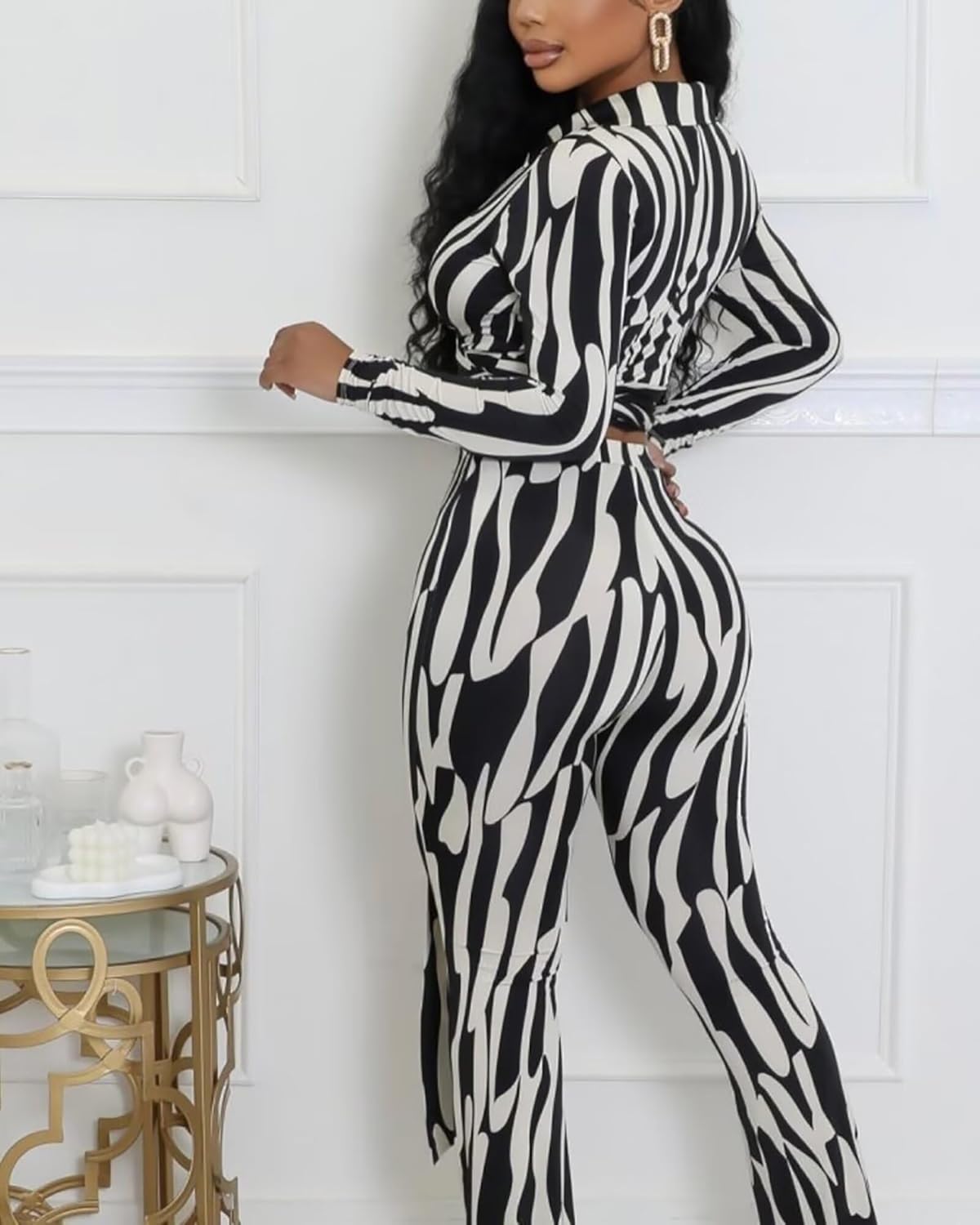 Ophestin Women 2 Piece Outfits V Neck Striped Print Long Sleeve Wrap Top Bodycon Flare Leggings Set Tracksuits Jumpsuit