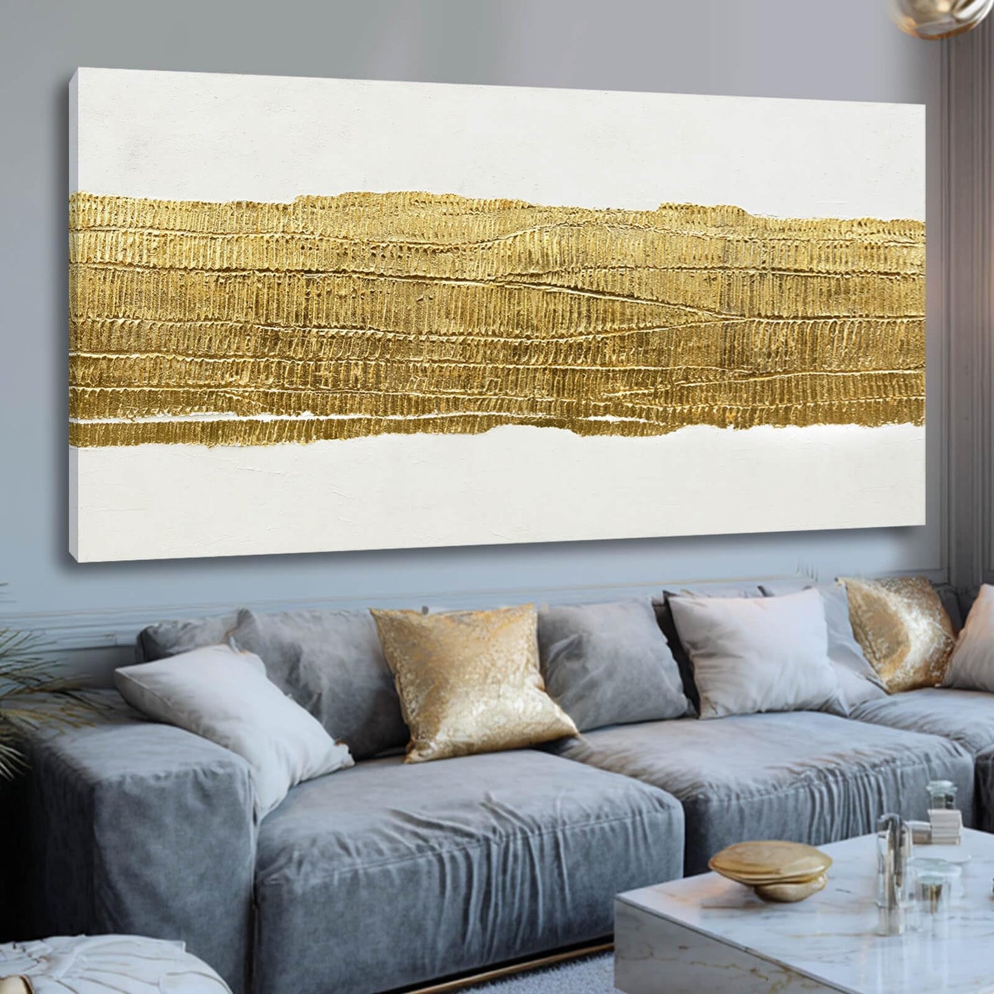Kureful Abstract Wall Paintings Simple Canvas Wall Art Gold Wall Decor 29"x58" Large Pictures for Living Room Office Decorations