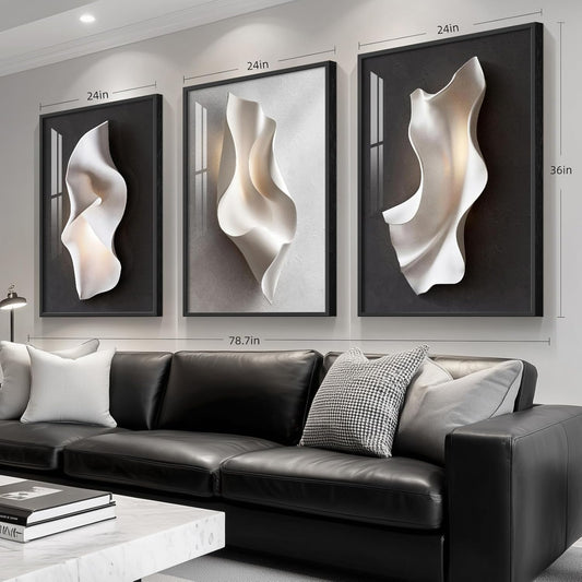Framed Modern Black and White Abstract Wall Art for Living Room, Large 3 Piece Bright Style Artworks for Wall, Luxury Minimalist Painting Prints for Dining Room Hallway Office Wall Decor, 24x36 Inch