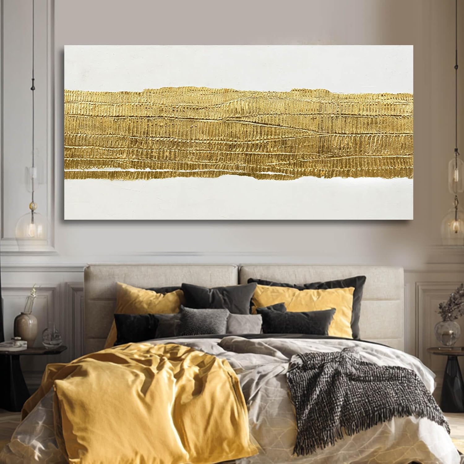 Kureful Abstract Wall Paintings Simple Canvas Wall Art Gold Wall Decor 29"x58" Large Pictures for Living Room Office Decorations