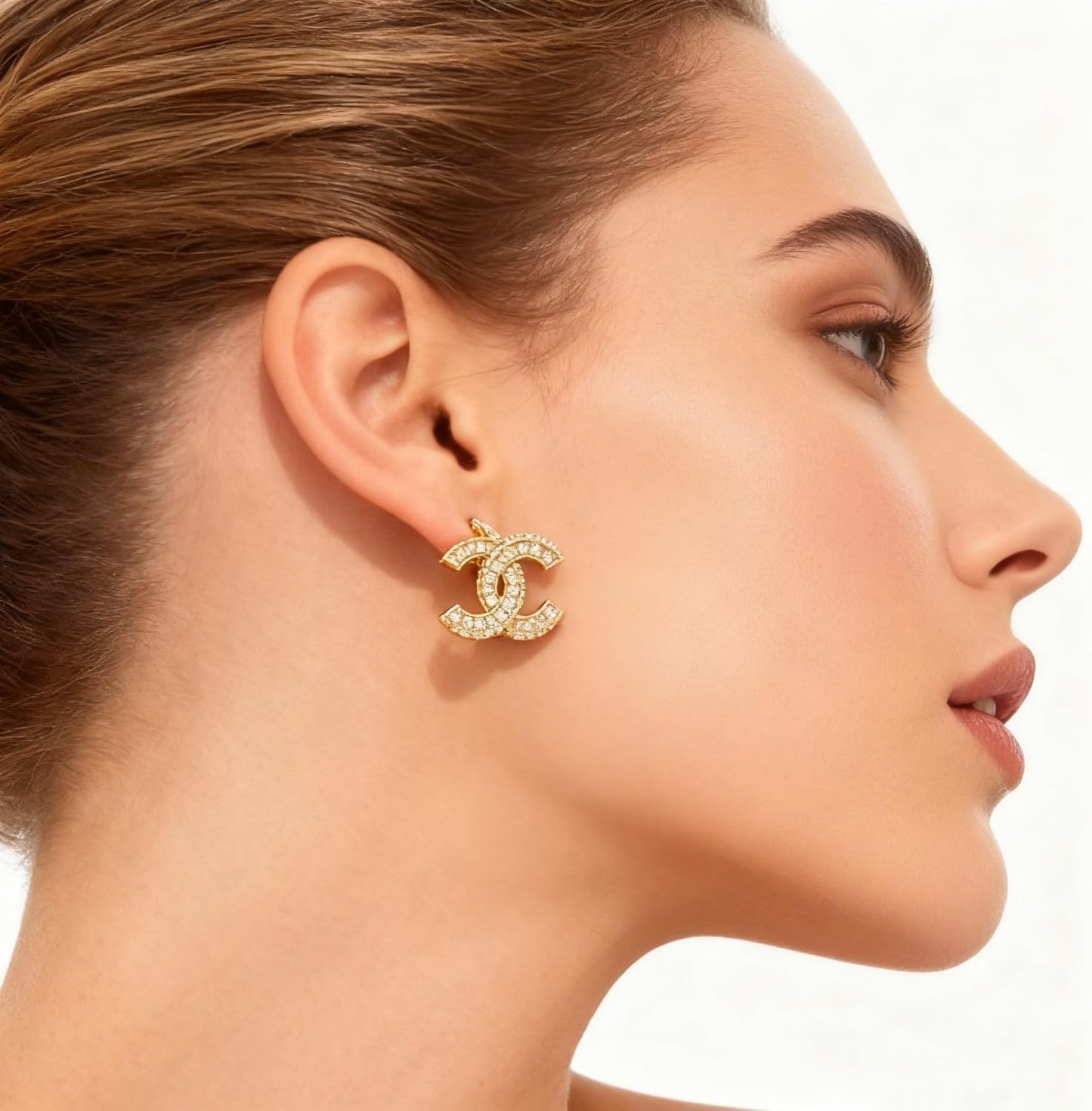 Gold Crystal Embellished Letters Logo Stud Earrings, Luxury Designer Style Rhinestone Jewelry