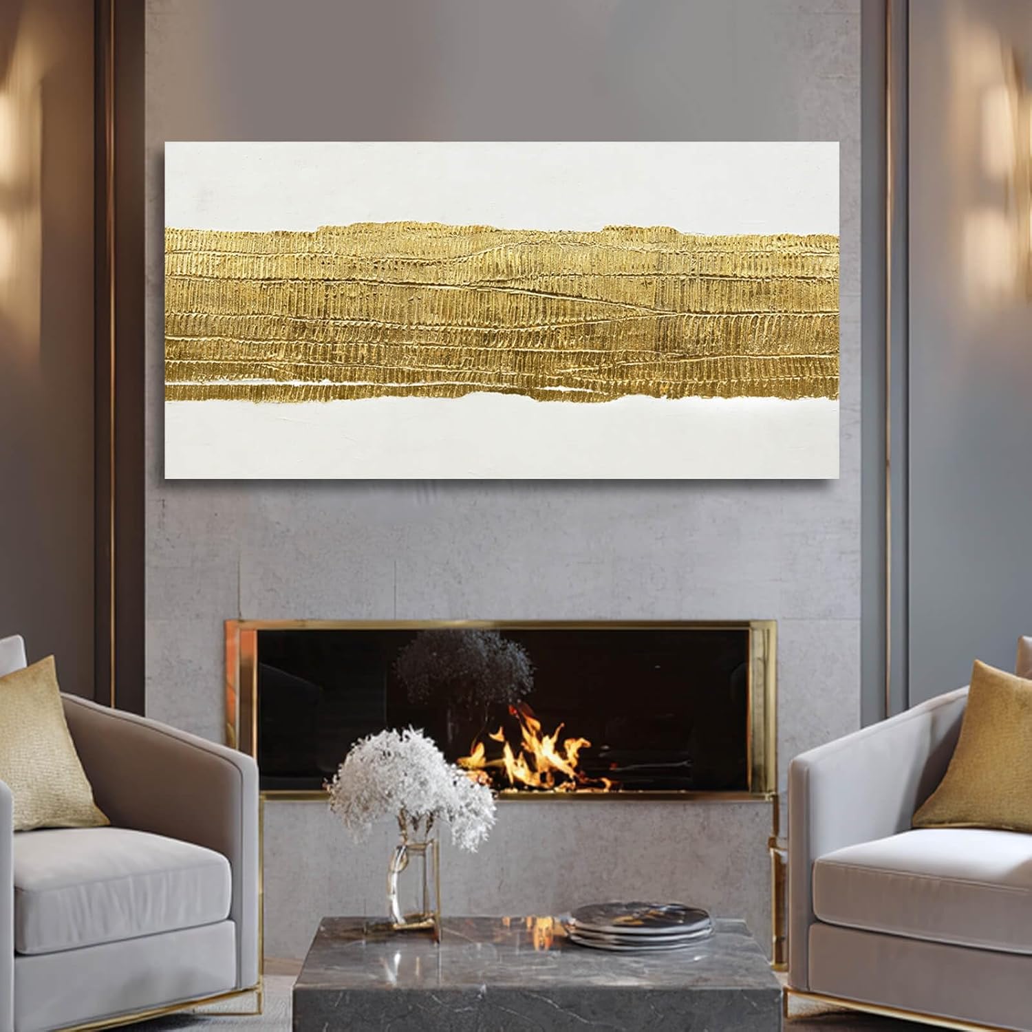 Kureful Abstract Wall Paintings Simple Canvas Wall Art Gold Wall Decor 29"x58" Large Pictures for Living Room Office Decorations